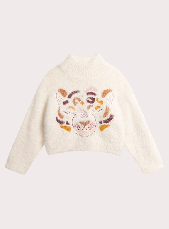 Maglione ecrU animazione tigre ricamata per ragazza  VABAPULL / 24W901Q1PUL003