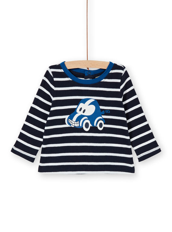 T-shirt blu scuro e bianca a righe in cotone neonato LUJOTEE4 / 21SG1032TML713