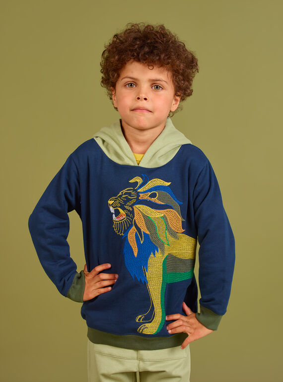 Felpa con cappuccio blu notte con motivo leone bambino MOKASWE / 21W902I1SWE705