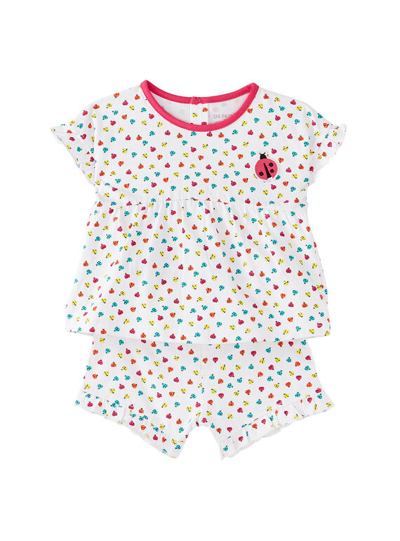 Pigiama corto neonata bianco con stampa coccinelle JEFIPYJCOE / 20SH13U2PYJ000