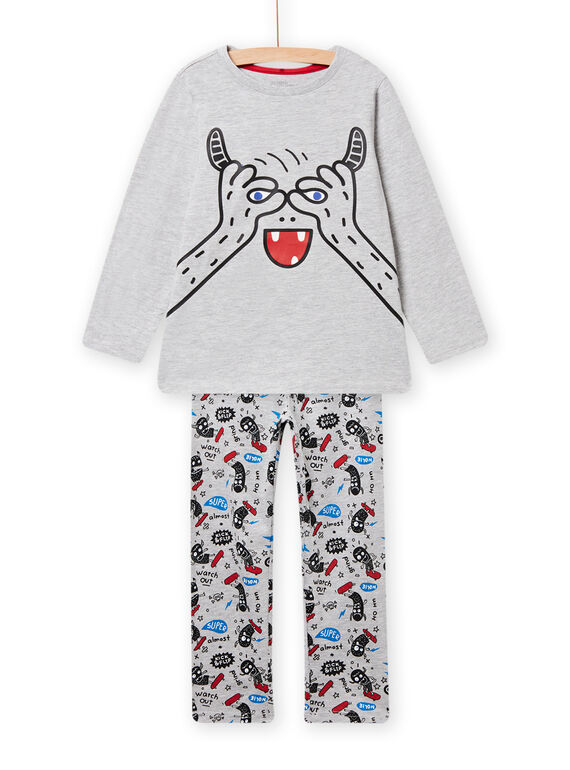 Completo pigiama T-shirt e pantaloni grigi melange motivo mostro e dettagli fosforescenti bambino NEGOPYJMON / 22SH12G4PYJJ922