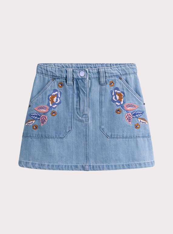 Gonna in denim blu con ricamo floreale per bambina VADAJUP1 / 24W90121JUPP272