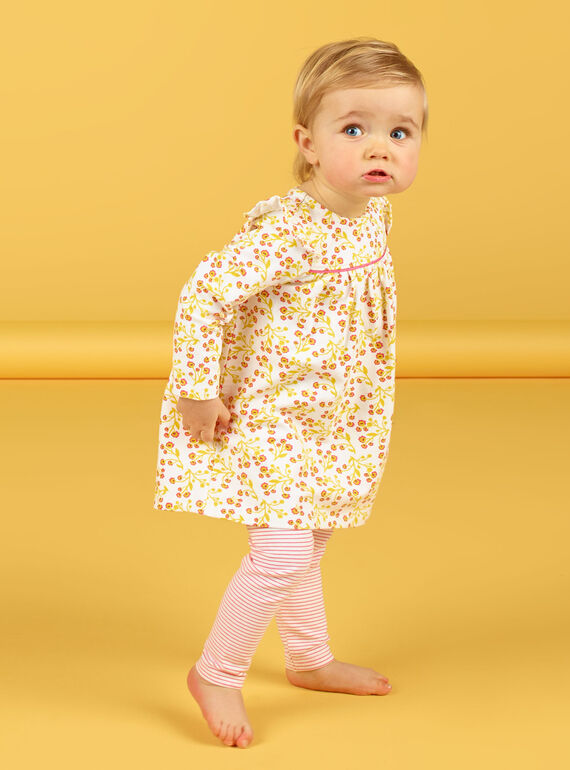 Completo abito bianco e giallo con stampa a fiori e leggings bianchi e rossi a righe neonata LINAUENS1 / 21SG09L2ENS001
