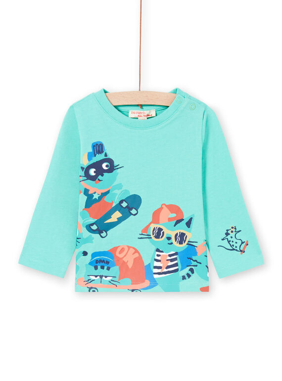 T-shirt turchese con motivi gatti sui skate neonato MUTUTEE2 / 21WG10K1TML209