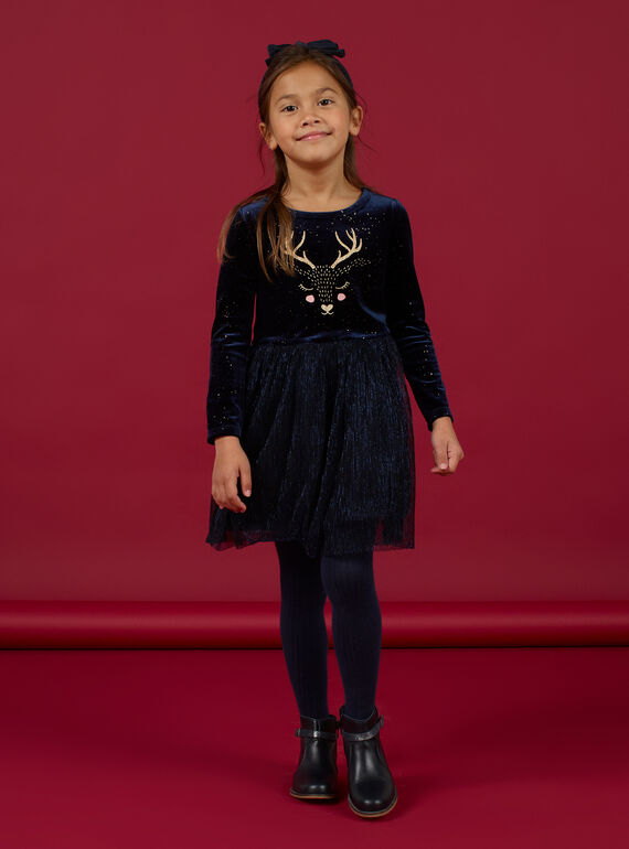 Abito navy con motivo cervo in velluto e tulle bambina MANOROB1 / 21W901Q1ROB070