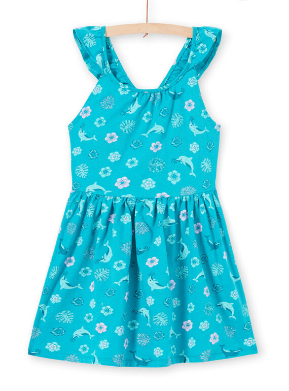 Abito turchese con spalline con volant stampa delfino e fiore bambina LAPLAROB2 / 21S901T1ROBC216