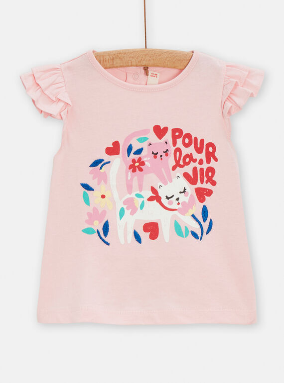 T-shirt rosa con motivi gatti e fiori neonata TICLUTI2 / 24SG09O1TMCD328