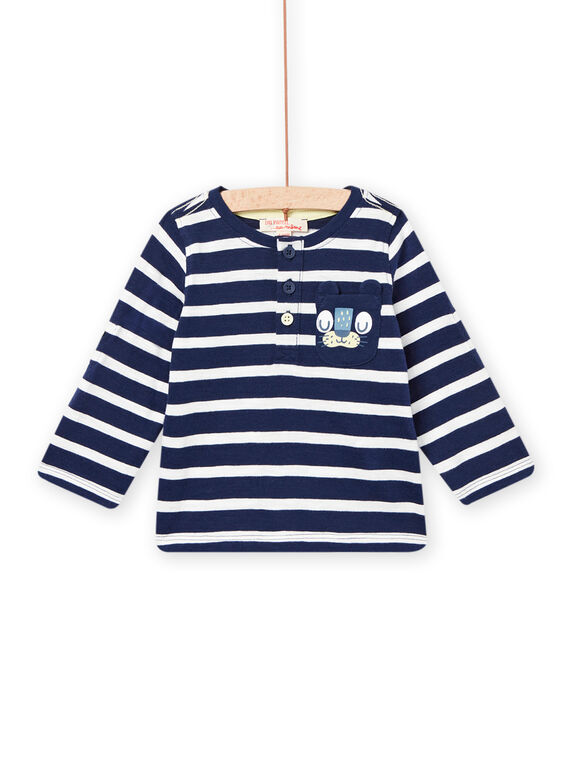 T-shirt blu notte a righe e stampa pantera neonato NUJOTUN2 / 22SG1072TML705