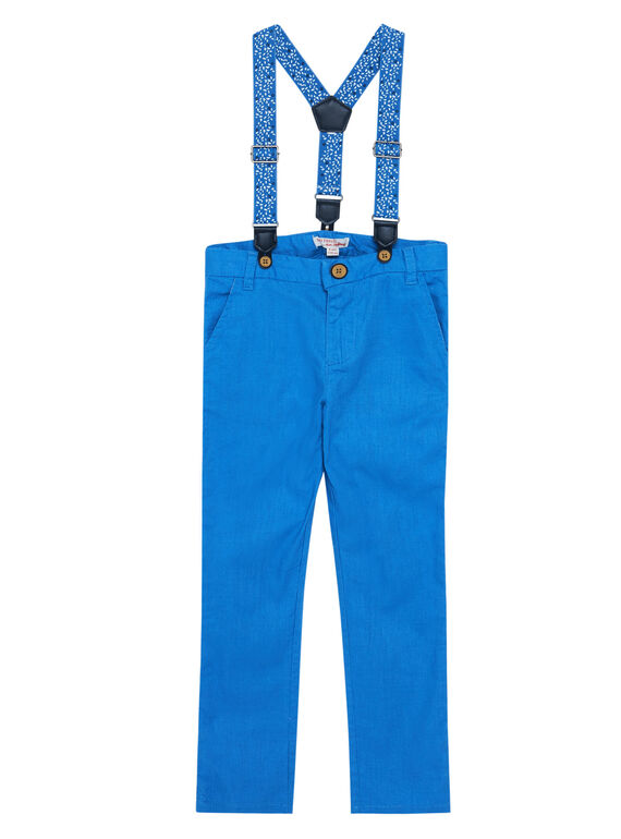 Pantaloni bambino blu in misto lino e costone, bretelle con stampa JOSOPAN / 20S90281PAN201