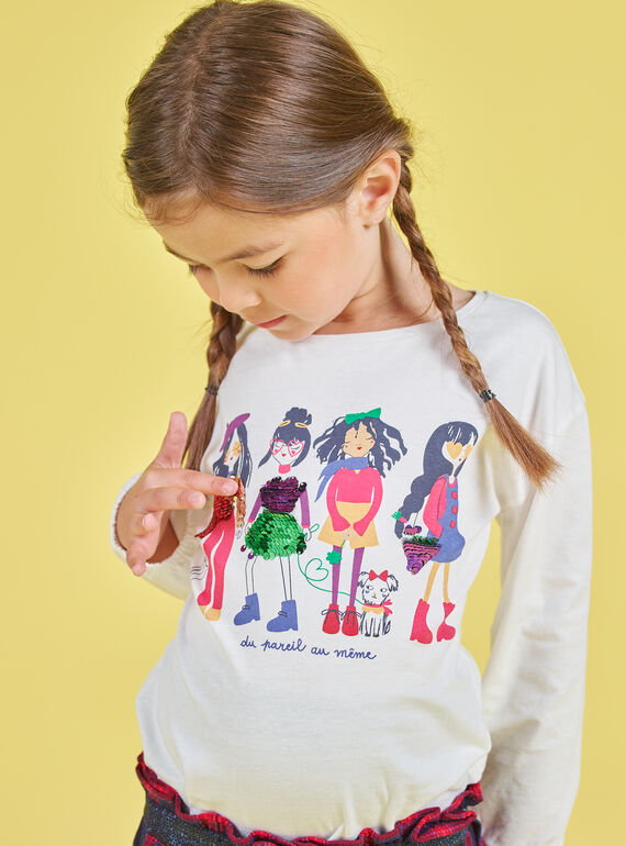 T-shirt con maniche a sbuffo ecrù con stampa squali double face bambina MAMIXTEE4 / 21W901J5TML001