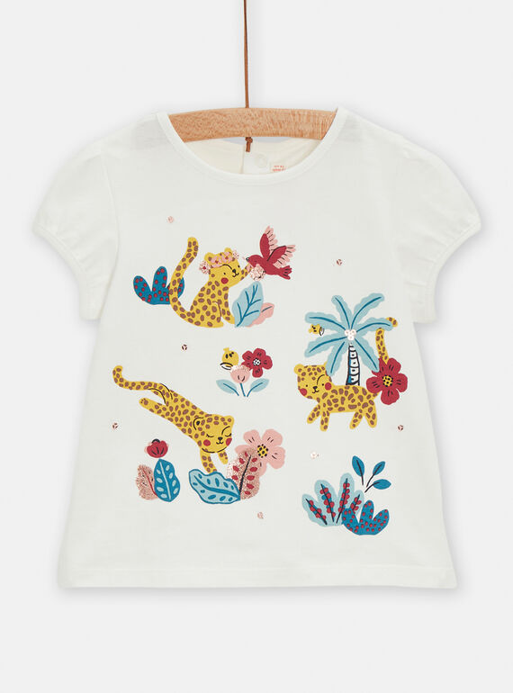 T-shirt bianca con motivi leopardi e fiori neonata TICRITI / 24SG09L1TMC001