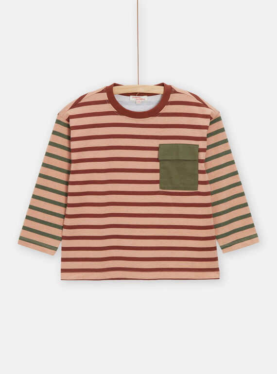 T-shirt pesca, marrone e kaki con stampa a righe bambino TOCRITEE2 / 24S902L2TML413