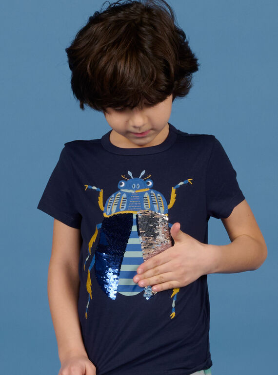 T-shirt blu notte motivo scarabeo con paillettes double face bambino NOSANTI5 / 22S902S3TMC705