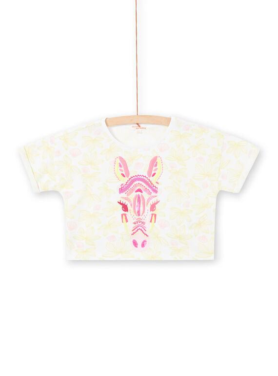 T-shirt bianca a maniche corte, stampa a fiori e testa di zebbra ricamata bambina LABONTI3 / 21S901W2TMC000