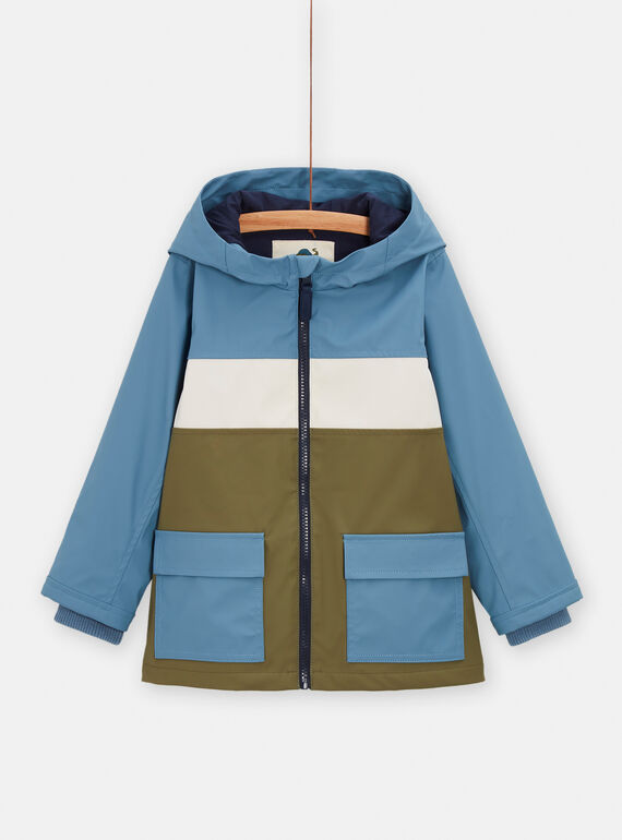 Giacca impermeabile color block blu, verde ed ecrù con cappuccio bambino TOGROIMP / 24S902P1IMPC206