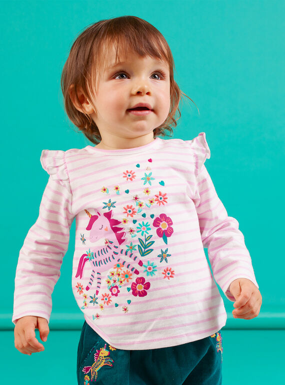 T-shirt a maniche lunghe lilla a righe con motivo unicorno neonata MITUTEE1 / 21WG09K1TMLH700