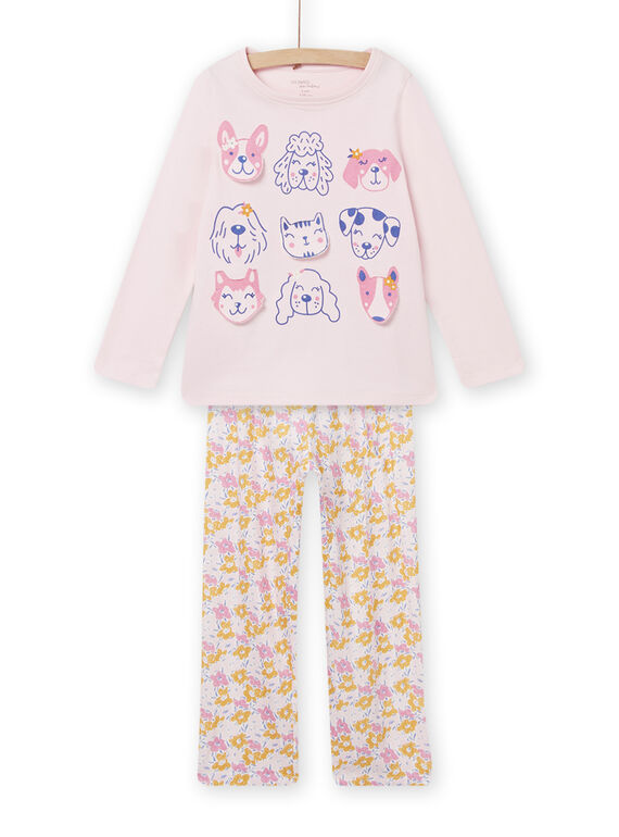 Completo pigiama T-shirt e pantaloni rosa motivi cani e stampa fiori bambina NEFAPYJDOG / 22SH11G3PYJD326