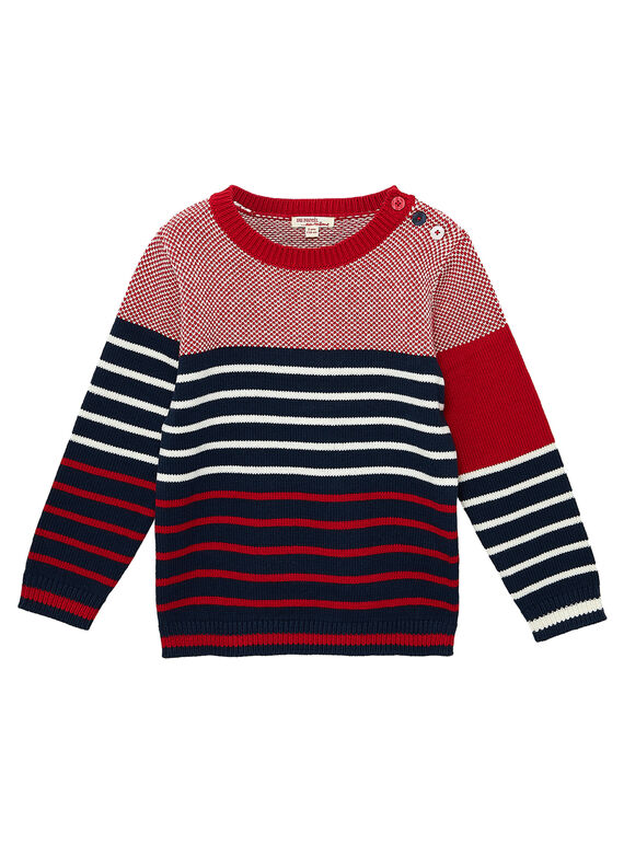 Maglia in cotone bambino a righe e jacquard navy e rosso JOJOPUL3 / 20S90242D2EF505