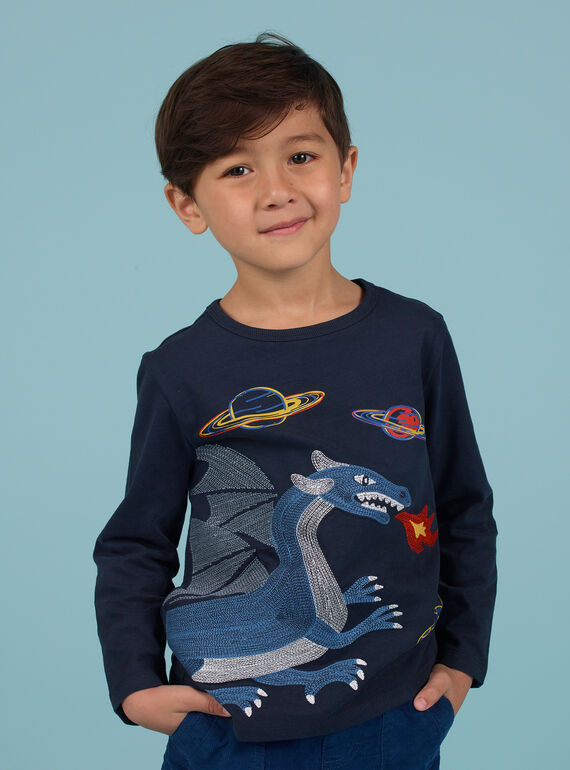 T-shirt blu notte con motivo drago e spazio bambino MOPLATEE3 / 21W902O4TML705