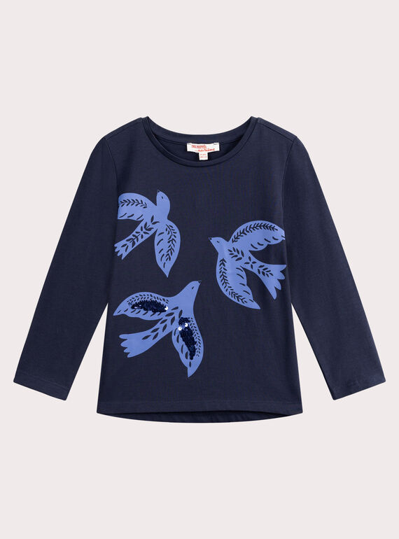 T-shirt blu navy con uccellino stampato per bambina VAJOYTEE1 / 24W901G3TML070