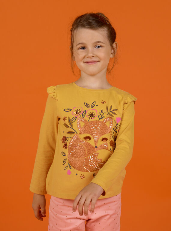 T-shirt a maniche lunghe gialla con motivo volpe bambina MASAUTEE2 / 21W901P1TMLB107