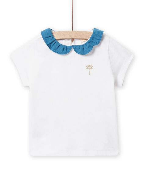 T-shirt ecrù con collo con volant petrolio neonata NIJOBRA6 / 22SG09C4BRA000