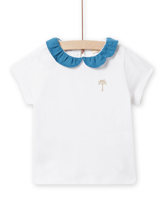 T-shirt ecrù con collo con volant petrolio neonata NIJOBRA6 / 22SG09C4BRA000
