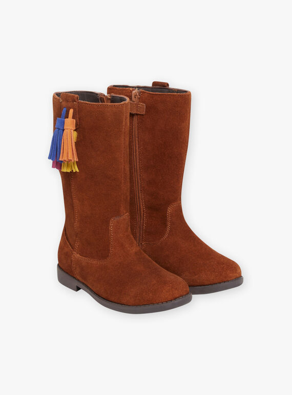 Stivali alti cammello in pelle e pompon bambina MABOTTEMEL / 21XK3584D10804