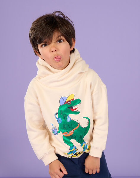 Felpa con cappuccio bianco crema con motivo dinosauro ROPURSWE2 / 23S902L1SWEA002