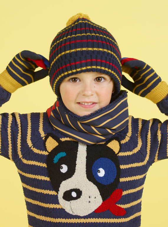 Berretto blu notte, giallo e rosso a righe e pompon bambino MYOGROBON2 / 21WI0254BON705
