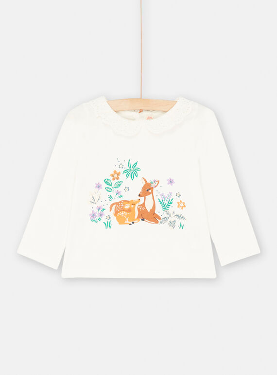 Top ecrù con motivi cervo, cerbiatto e fiori neonata SIKHOBRA / 23WG09Q1BRA001