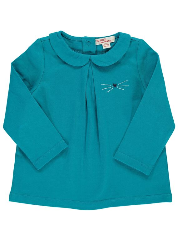 Baby girls' turquoise T-shirt with a Peter Pan collar DIJOBRA5 / 18WG0935BRAC217