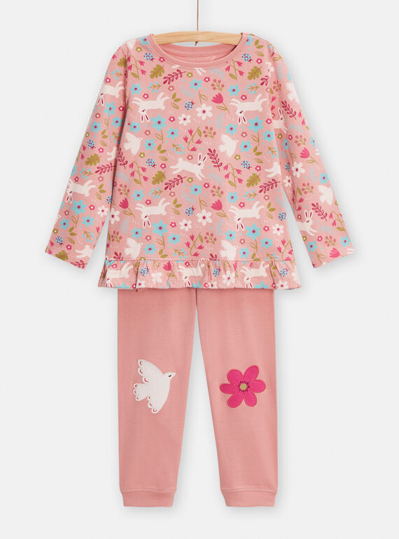Pigiama rosa con stampa conigli, fiori e uccello bambina TEFAPYJRAB / 24SH1149PYJD319