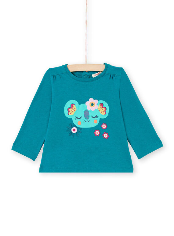 T-shirt a maniche lunghe petrolio con motivi koala e fiori neonata MITUTEE2 / 21WG09K2TMLC217