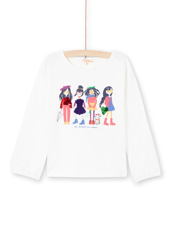 T-shirt con maniche a sbuffo ecrù con stampa squali double face bambina MAMIXTEE4 / 21W901J5TML001
