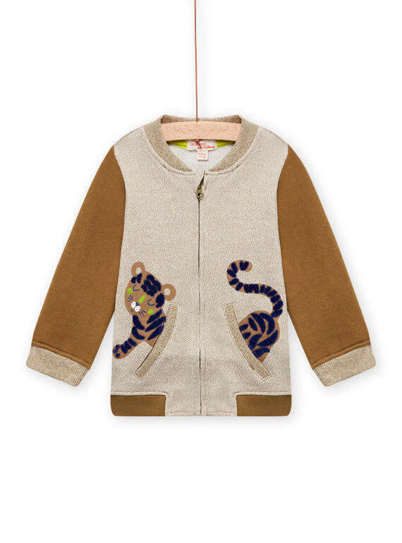 Cardigan beige melange e marrone con motivo tigre neonato MUKAGIL / 21WG10I1GIL604