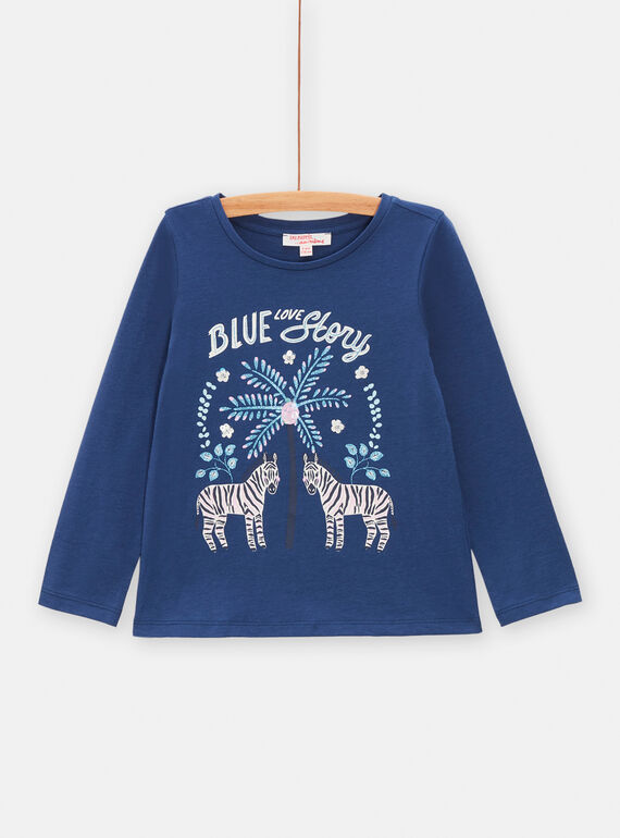 T-shirt bambina blu scuro con motivi zebre, palma e fiori TADETEE1 / 24S901J3TMLC220