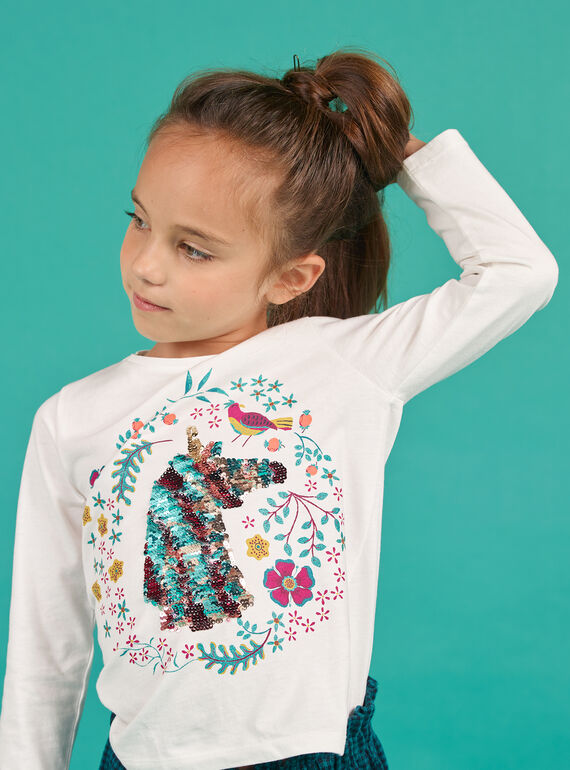 T-shirt a maniche lunghe, motivo unicorno in paillettes double face bambina MATUTEE2 / 21W901K4TML001