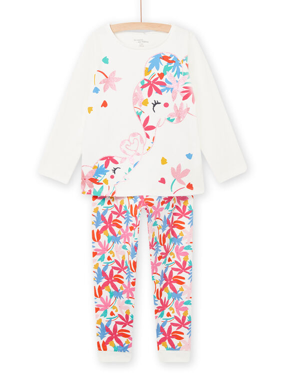 Completo pigiama T-shirt e pantaloni ecrù motivo elefanti colorati bambina NEFAPYJLOV / 22SH11E4PYJ001