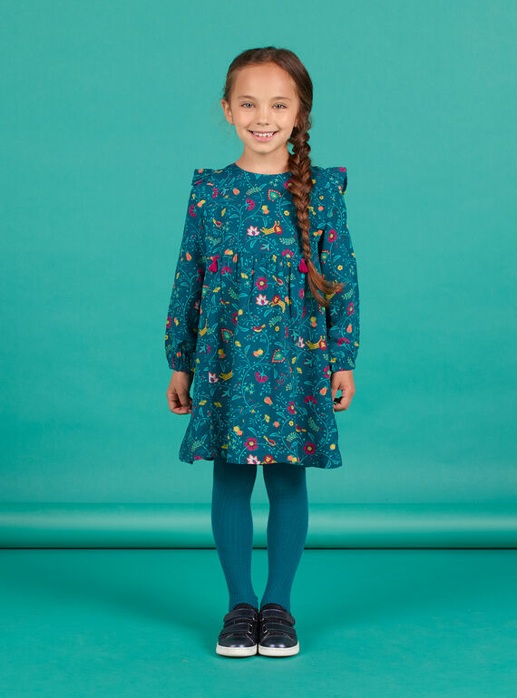 Abito petrolio in twill con stampa a fiori bambina MATUROB1 / 21W901K2ROB714