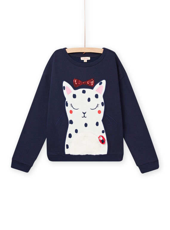 Felpa stile t-shirt in pile navy con stampa gatto bambina NALUSWEA2 / 22S901P1SWE070