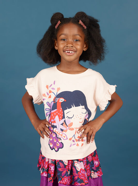 T-shirt a maniche corte rosa chiaro con motivi bambina e pavone bambina MAPATI2 / 21W901H2TMCD319