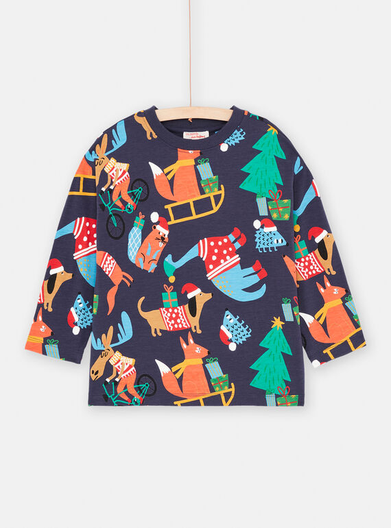 T-shirt blu notte con stampa natalizia bambino SOWAYTEE / 23W902S1TML705