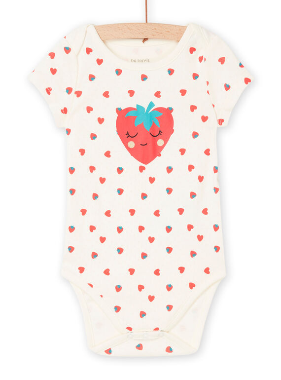 Body ecrù in cotone bio con stampa fragole e cuori REFIBODFRAI / 23SH1315BDL001