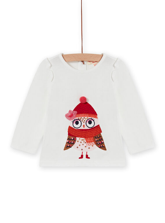 T-shirt ecrù maniche lunghe con motivo gufo neonata MIFUNTEE / 21WG09M1TML001