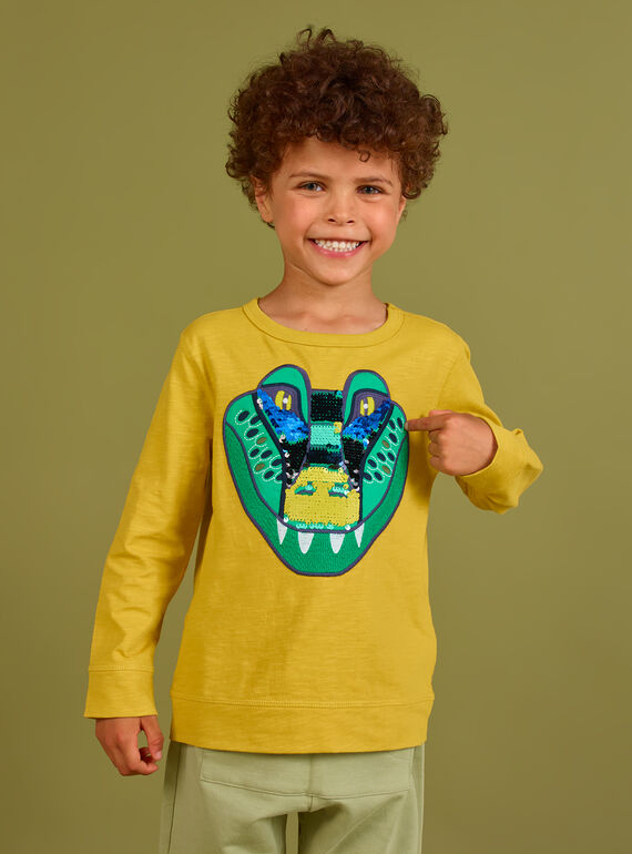 T-shirt gialla motivo coccodrillo con paillettes double face bambino MOKATEE2 / 21W902I3TML106