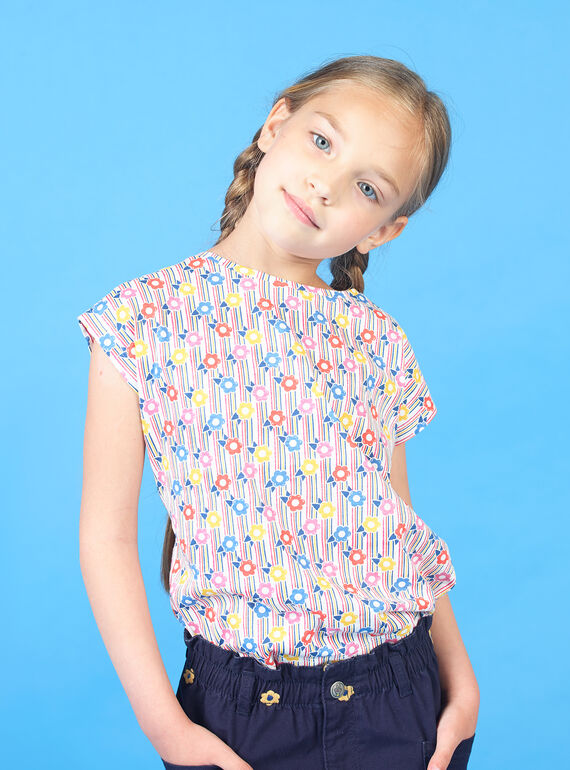 T-shirt rosa e blu a righe con stampa a fiori bambina LAHATI2 / 21S901X2TMC001