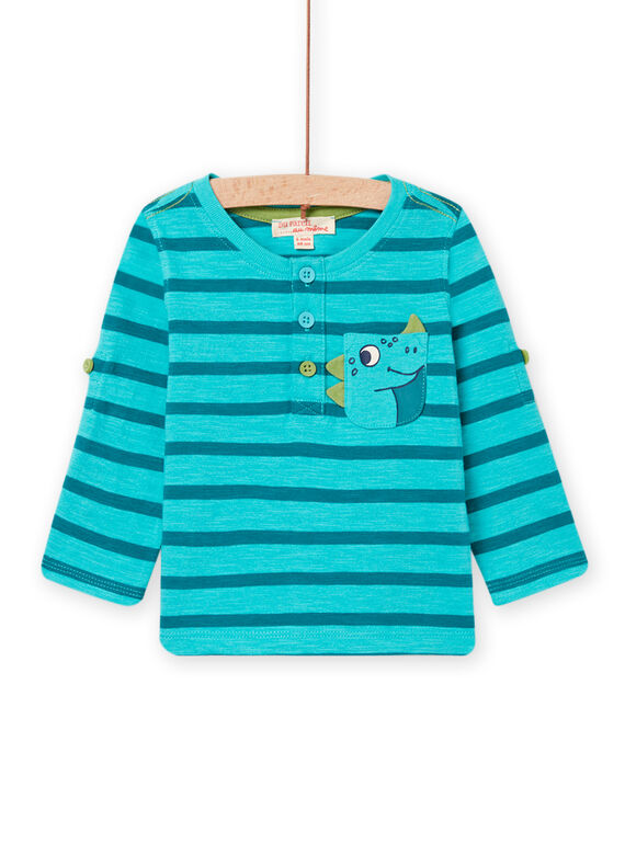T-shirt turchese a righe e motivo dinosauro neonato NUJOTUN1 / 22SG1074TML202
