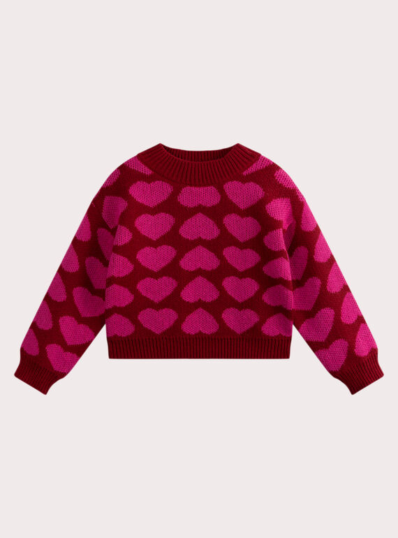 Pullover rosso in maglia jacquard a cuori per bambina VAKOPULL / 24W90131PULF529