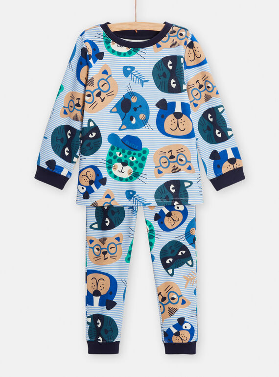 Pigiama blu con stampa cani e gatti e righe bambino TEGOPYJTETE / 24SH124BPYJ001